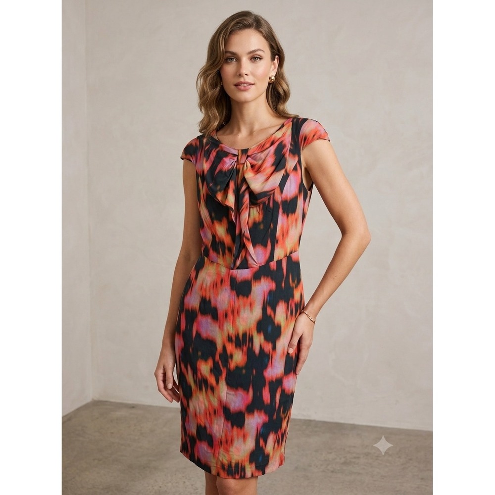 Eva Franco Sheath Dress Womens 4 Multicolor Abstract Bow Detail JC4815 Cocktail